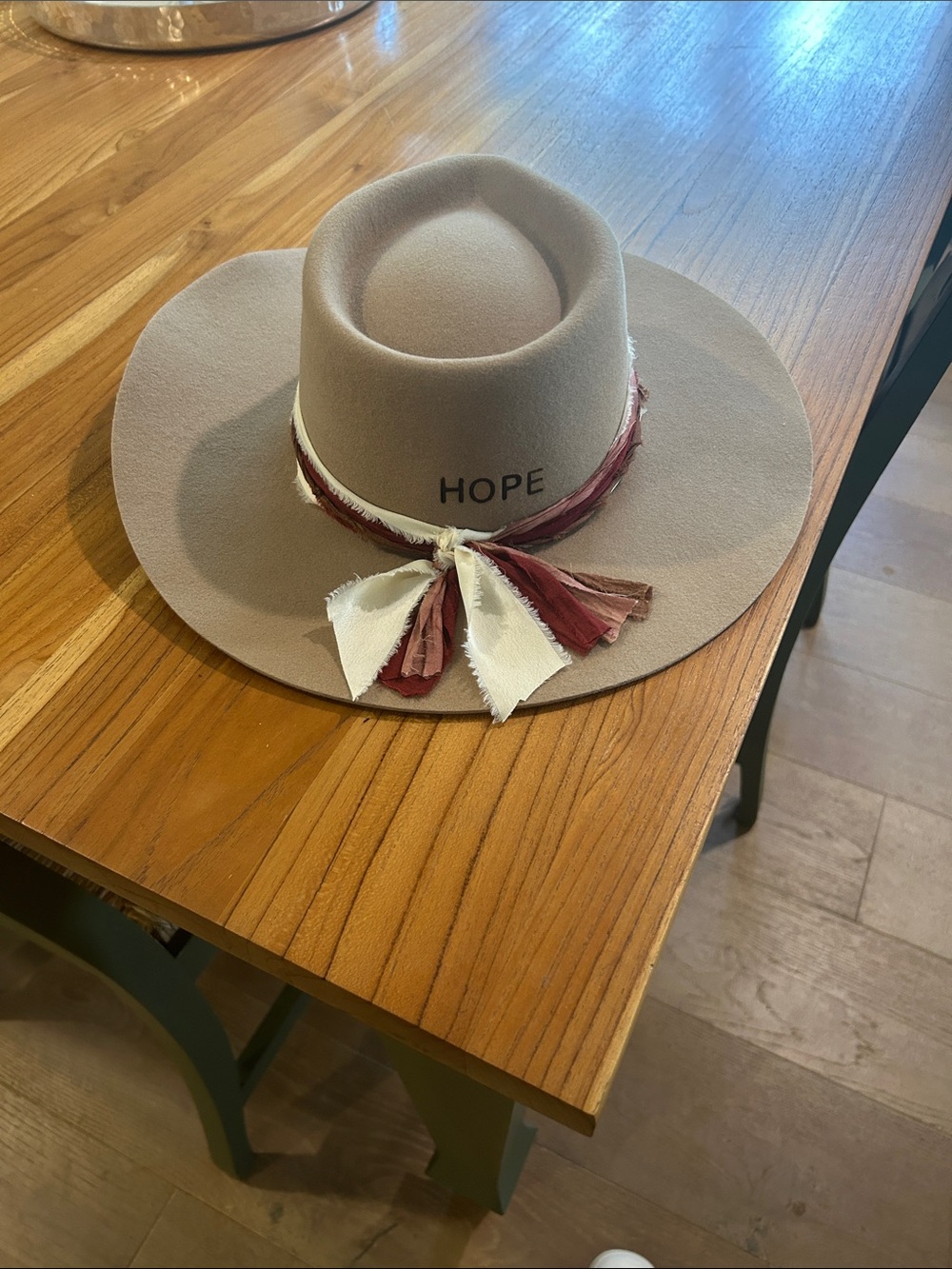 Taupe Wide-Brim Fedora with Burgundy & Cream Ribbon